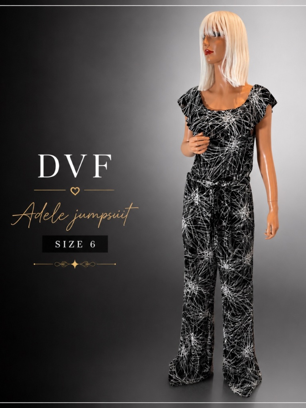 DVF Adele Off-Shoulder Black and White Jumpsuit size 6